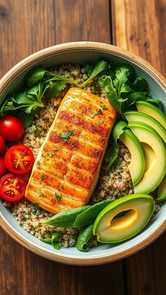 A colorful quinoa bowl with salmon, greens, tomatoes, and avocado, garnished with herbs on a wooden table.